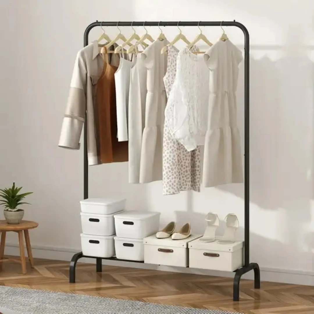 Clothes Rack Garment Length Heavy Duty Clothing Garment Rack with Hanging Rod and Lower Storage Bedroom Black Clothes
