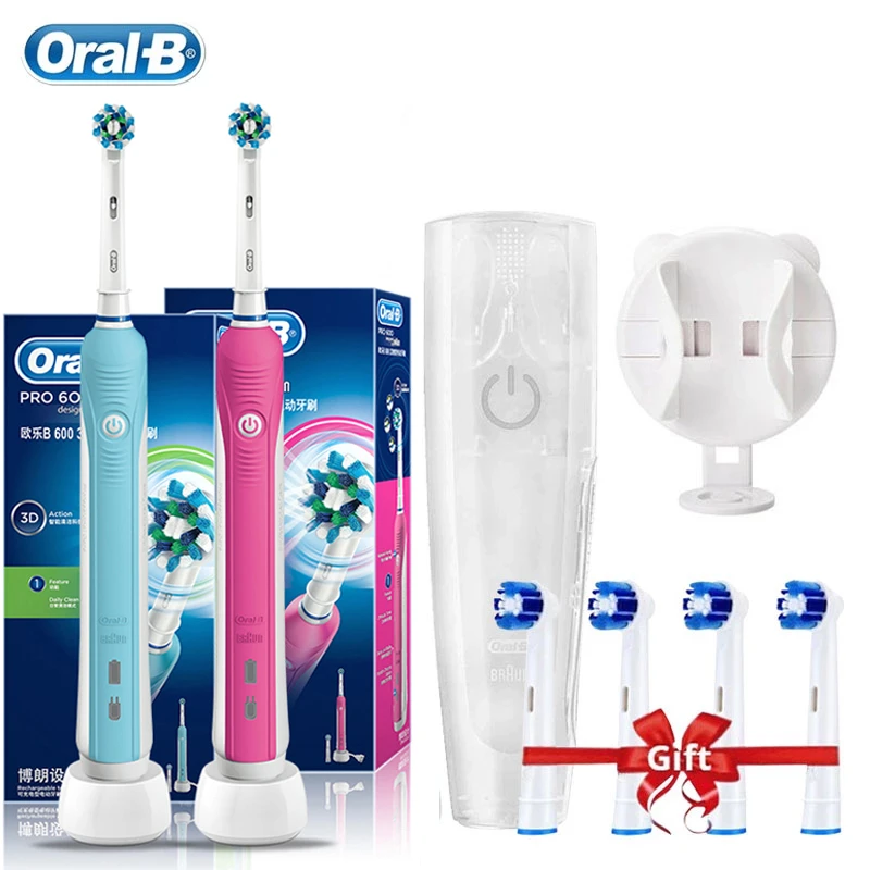 Oral B cepillo de dientes eléctrico 3D Pro600, con Sensor de presión, Limpieza Profunda, carga inductiva, 6 cabezales de repuesto|Cepillos de dientes eléctricos| -