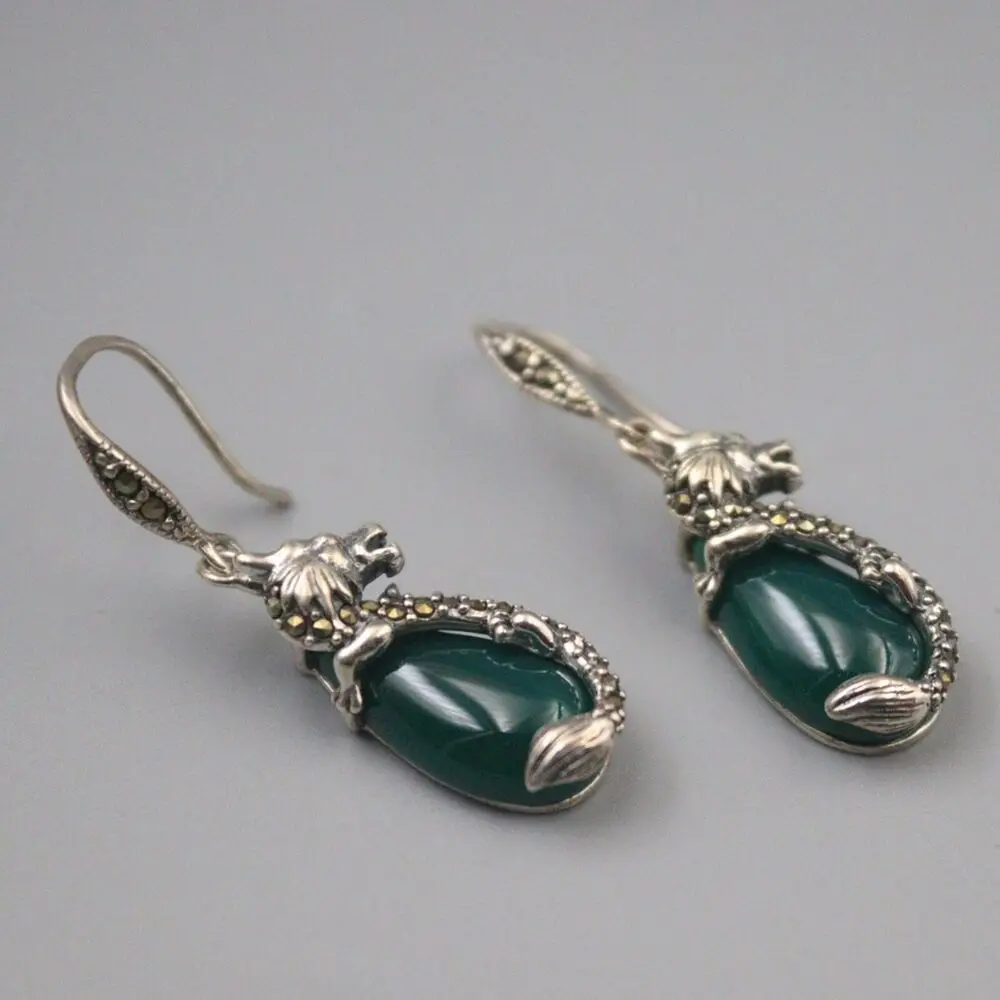 

Pure S925 Sterling Silver Natural Green Jade Dragon Drop Dangle Earrings
