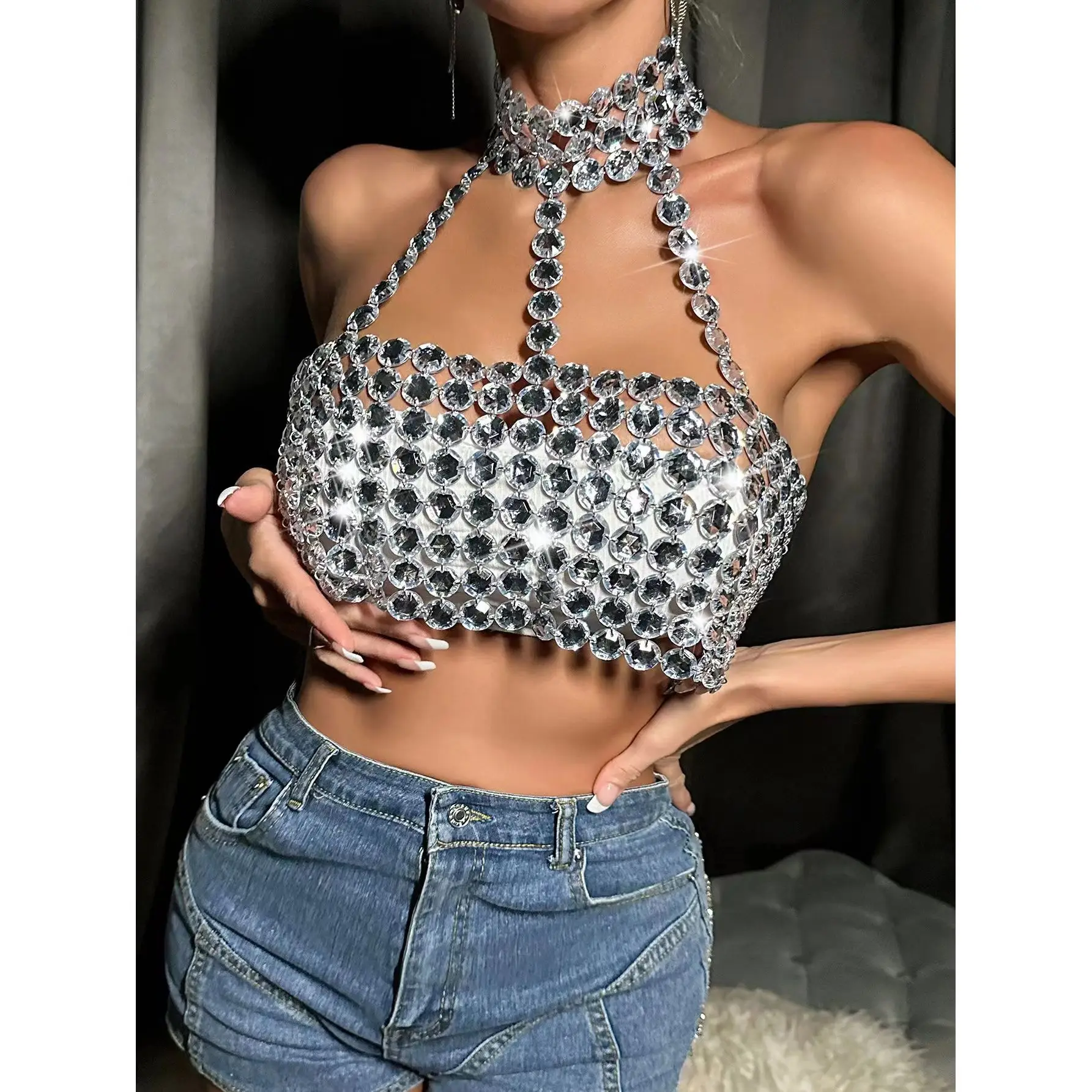 

2024 New Women's Wear Sexy Bright Diamond Art Hanging Neck Strap Tank Top Short Bright Crystal