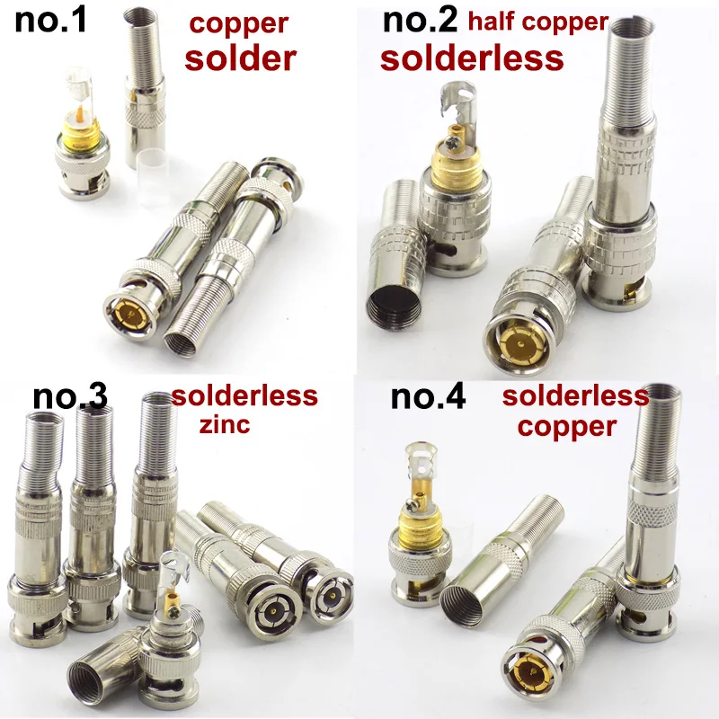 

Solder Solderless BNC Male Plug Connector RG59 jack Coaxial for Video Balun Adapter Cable Copper Zinc Twist-on Twist Spring W1