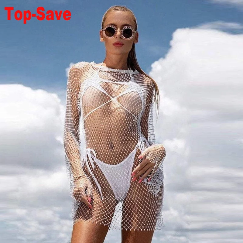 

Black White Beach Dress 2024 Summer Casual Bikini Cover Up Mesh Diamond Sexy Women Dress Y2K Bodycon Wedding Prom Party Dresses
