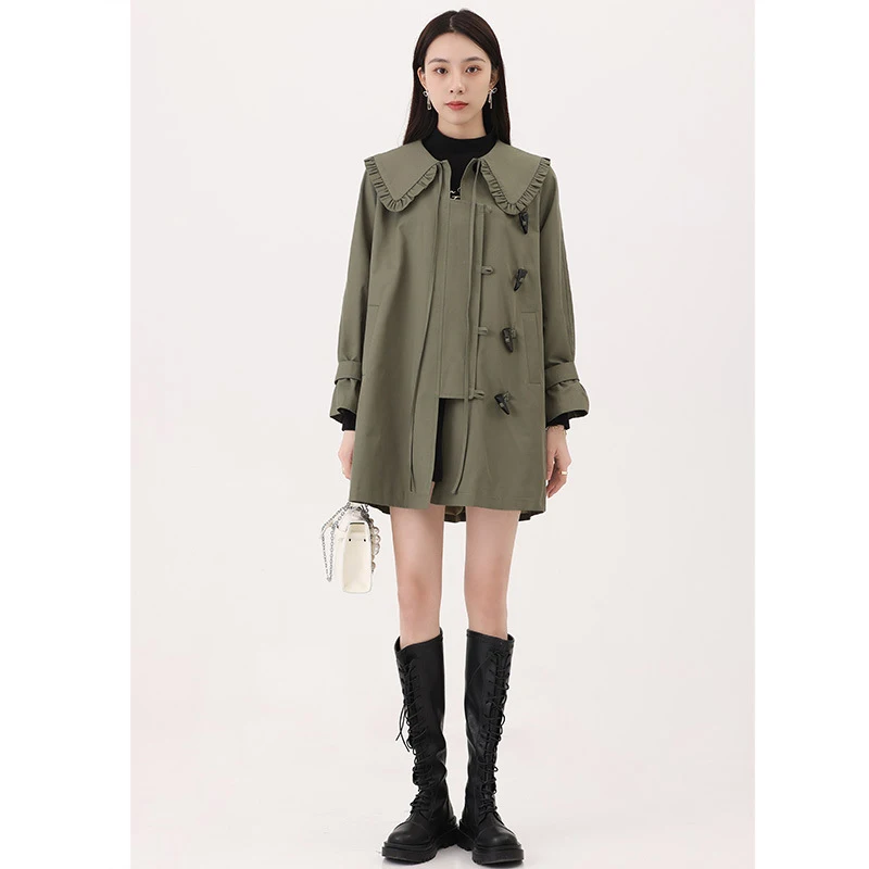 packable down jacket Sweet Trench Jacket Women Peter Pan Collar Full Sleeve Loose Coat Women 2022 Spring Autumn Korean Fashion Green Windbreaker womens long black puffer coat Coats & Jackets