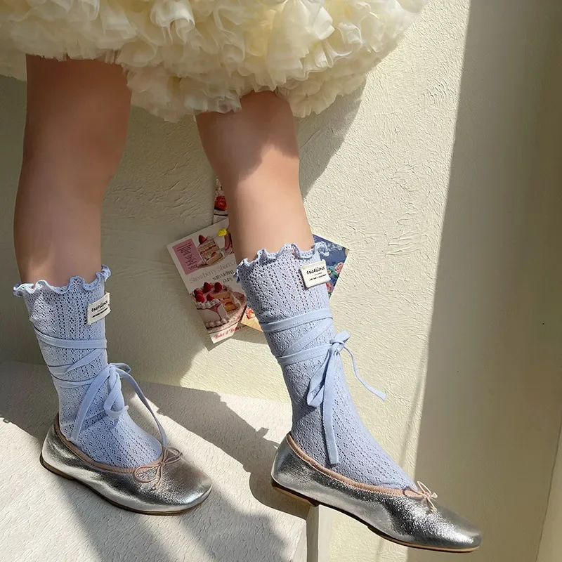 Summer White Mesh Bows Calf Lace Socks for Kids Korean Fashoin Bow Tie Ruffle Children Thin Mesh Breathable School JK Sock