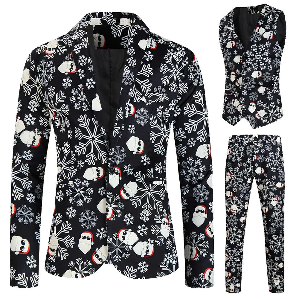 Trajes navideños para hombre, traje de 3 piezas de corte regular, estampado de copos de nieve, muñeco de nieve, chaqueta, pantalones, chalecos, conjunto de traje para hombre para Navidad