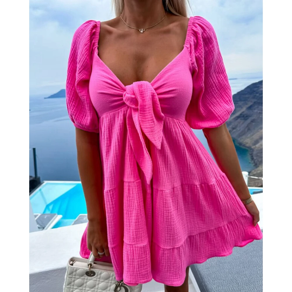 

Summer Tied Detail Front Short Sleeve Low Neck New in Dresses for Women Sweet Ruffle Hem Layered Short Dresses Vestidos Elegant