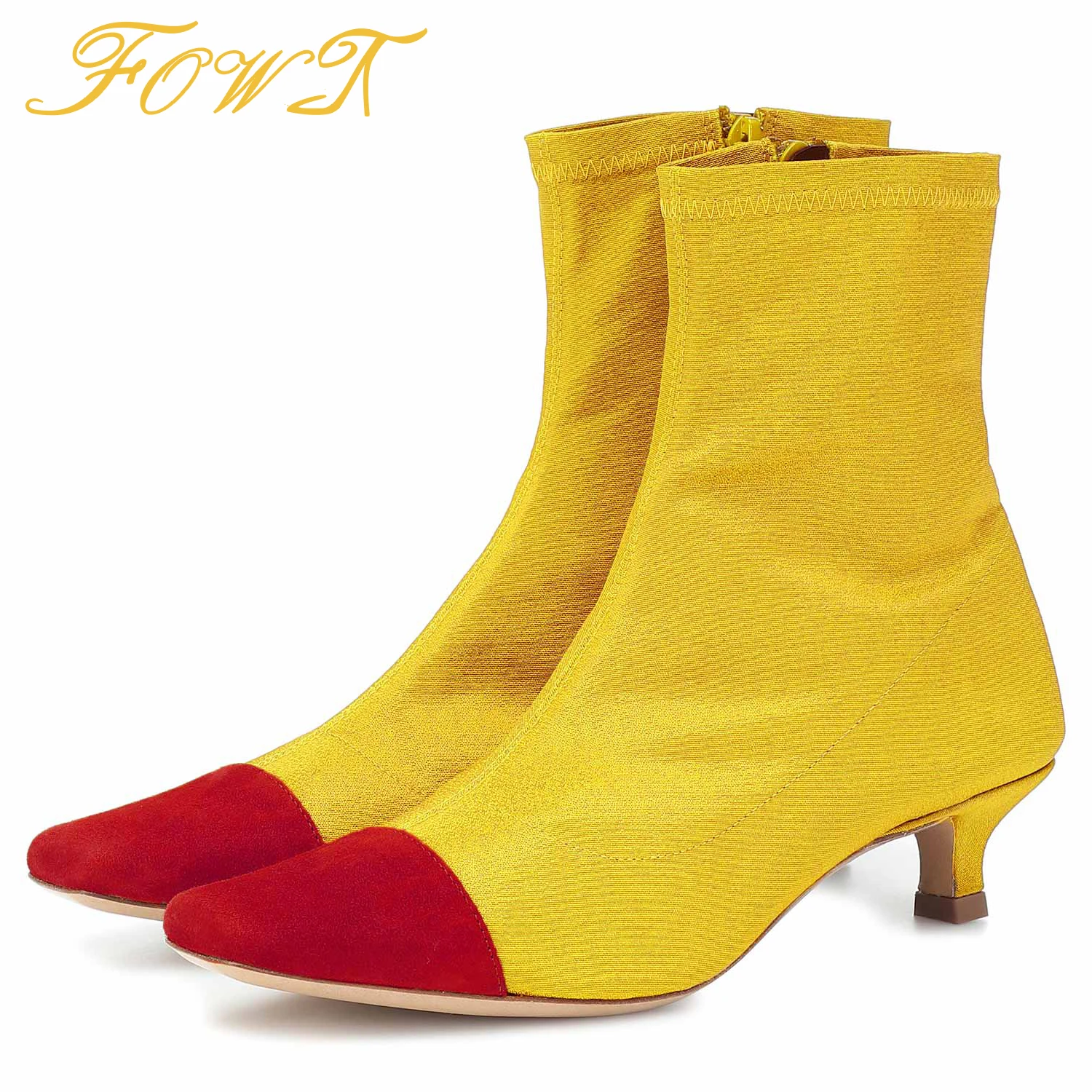 

Multicolor Canvas Low Kitten Heels Women Ankle Boots Red Square Toe Zipper Booties Ladies Mature Shoes Large Size 40 41 FOWT