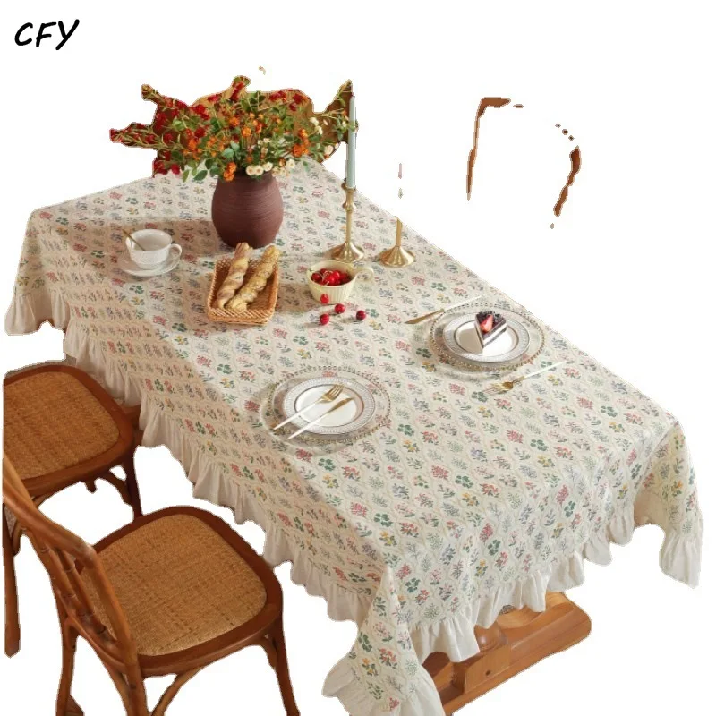 Cotton Linen French Countryside Floral with Lace Rectangular Table Cloth Kitchen Table Map Towel Tablecloth Christmas Decoration