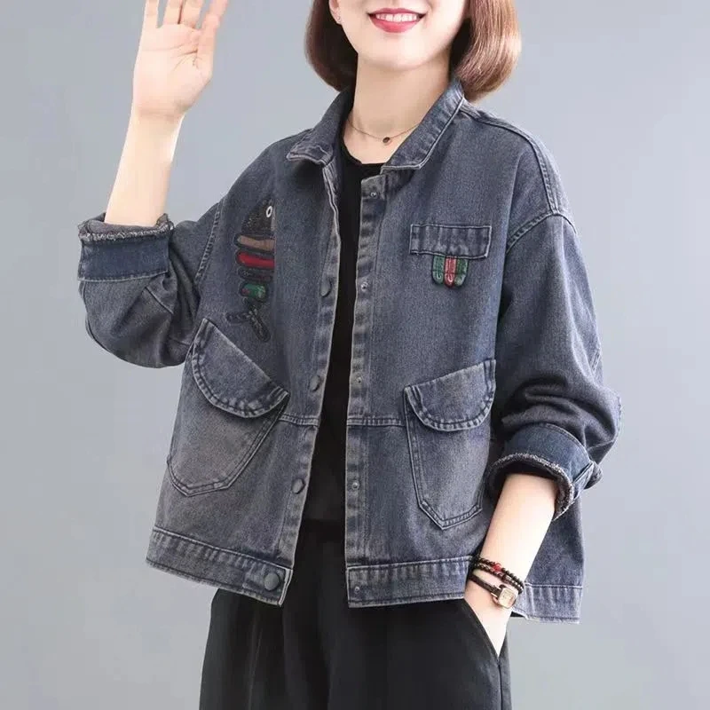 

Spring Autumn New Cartoon Stitching Denim Jacket for Women Korean Oversized Vintage Basic Coat Female Clothing Casual Jean Tops