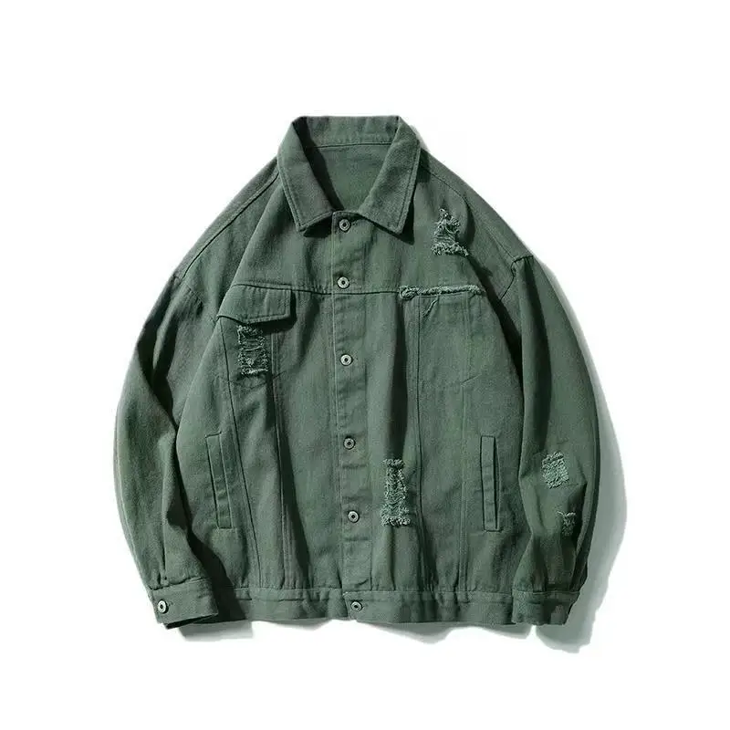 

Spring Autumn Men Denim Jackets Korean Solid Frayed Streetwear Leisure Jean Jacket Khaki Black Fashion Jeans Coat