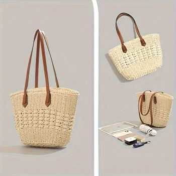 Borsa tote in paglia intrecciata di grande capacità, lista per le vacanze, compagno di shopping quotidiano per le donne, perfetta per la spiaggia, moda casual