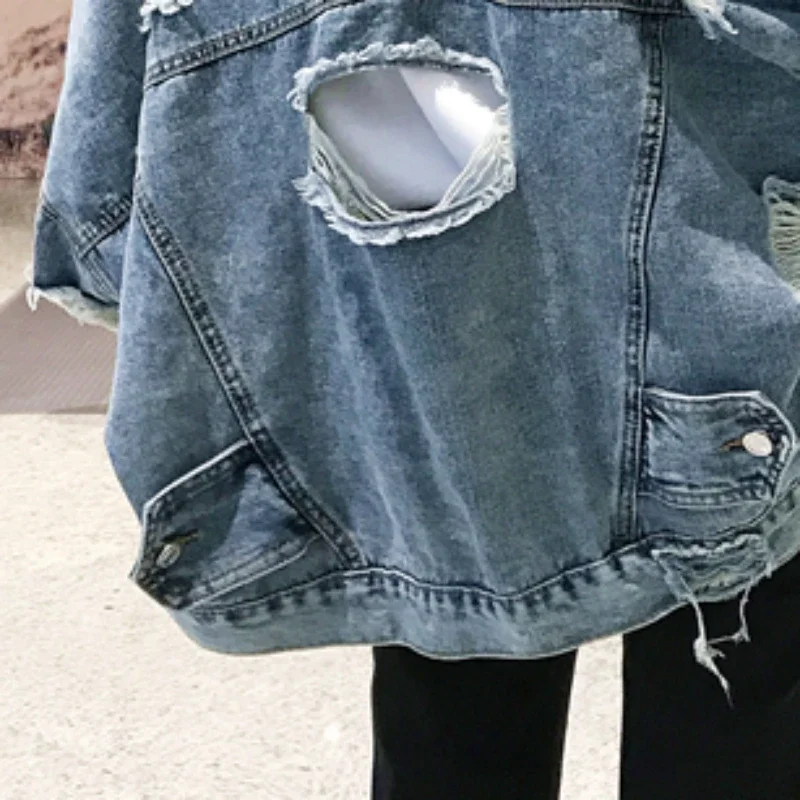 Denim Jacket Y2K Fashion Ripped New Outerwear Streetwear Hip Hop Broken Hole Jackets for Women Women's Jeans Jacket