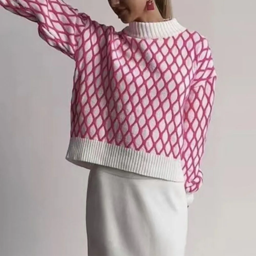 Suéter de punto a rayas para mujer, moderno, ajustado, holgado, de cuello alto, para otoño, deportivo, informal, 2025