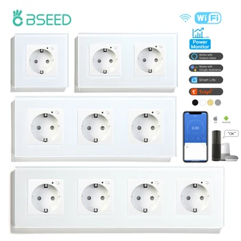 BSEED ซ็อกเก็ต Wifi EU ซ็อกเก็ตผนังสมาร์ท Tuya ซ็อกเก็ตไฟฟ้า Power Monitor Google Smart Life Alexa Voice Control แผงกระจก 1