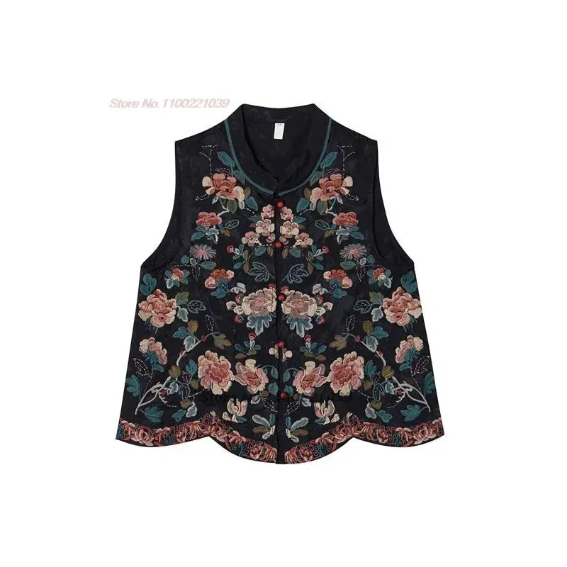 2024 national flower embroidery stand collar vest sleeveless jacket hanfu tops traditional ethnic vintage gilet retro waistcoat