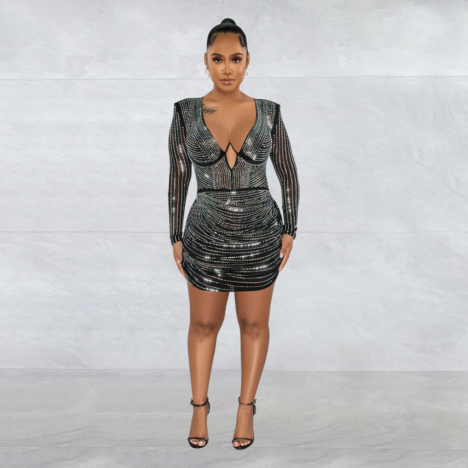 

Cutubly Fashion Crystal Mesh Dress Sexy Solid Mesh Long Sleeve Skirt Elegant V-Neck Bodycon Pleated Vestidos Club Evening Party
