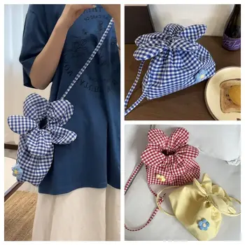 Literary Korean Style Plaid Drawstring Bag Cute Printing Small Crossbody Bag Cloth Storage Bag Shoulder Bags Outdoor 1