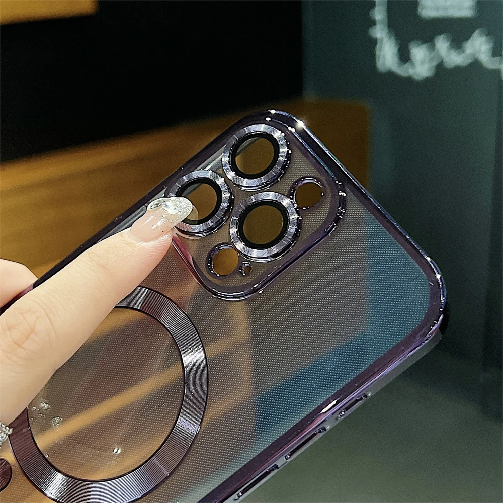 Pour étui transparent Magsafe pour iPhone 11 12 13 14 15 16 Pro Max Plus 12 13 Mini avec film d'objectif en verre, coque souple antichoc_voghion.com