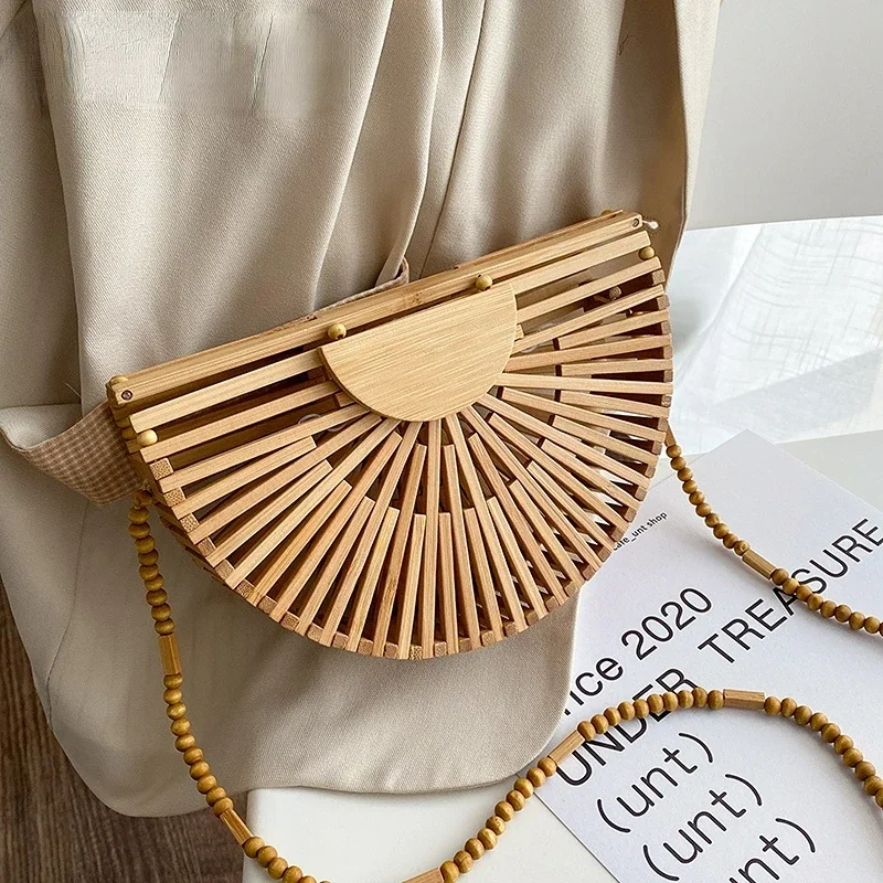 

Semicircle Bamboo Small Crossbody Shoulder Bags with Handle for Women 2023 Summer Branded Luxury Beach Handbags Fashion Weave