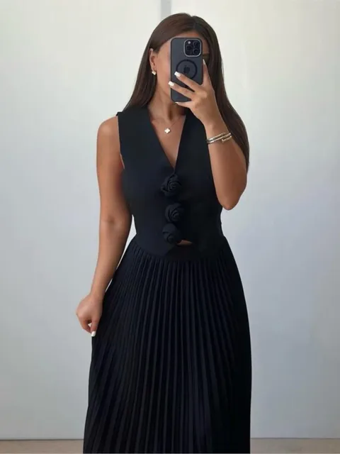 Comfortable Casual Vest Waist Pleated Skirt Set Women's Simple Solid Color Temperament Elegant Sweet Cool Style Two-piece Set 4