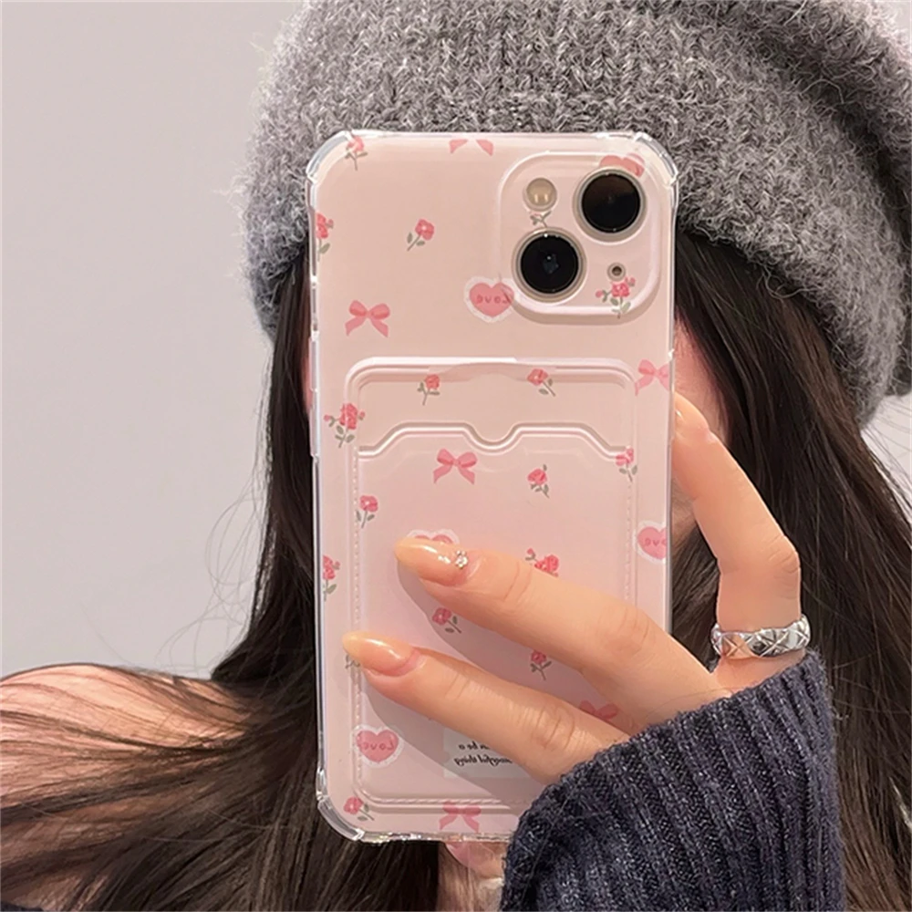 Clmj Korean Cute Love Heart Flower Card Hold Phone Case - Anti-Fall