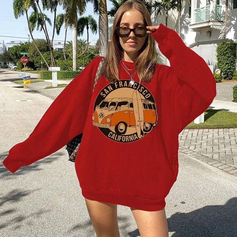 

European and American Autumn and Winter New Ins Style Printed Off-shoulder Round Neck Casual Loose Large Size Sweater Women