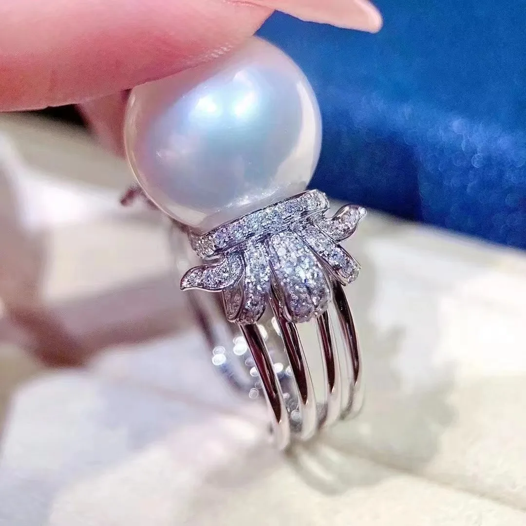 

Кольца MJ с искусственной кожей, серебряные кольца с натуральным пресноводным жемчугом 10-11 мм с белыми кристаллами для женщин