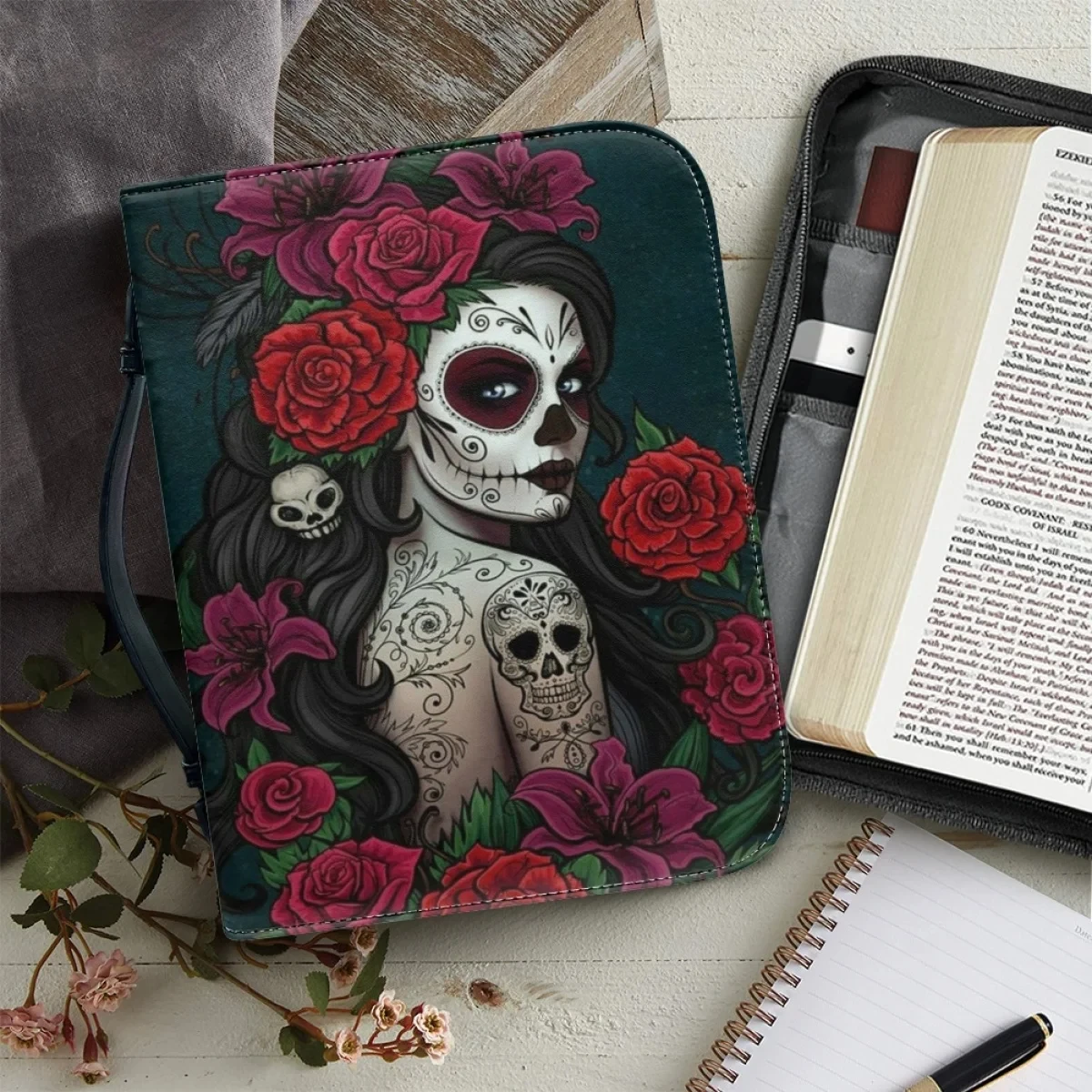 

Classic Gothic Skull Rose Print Handbags for Women Leather Bible Bags Practical Church Bible Storage Book Bag Bible Cover Case