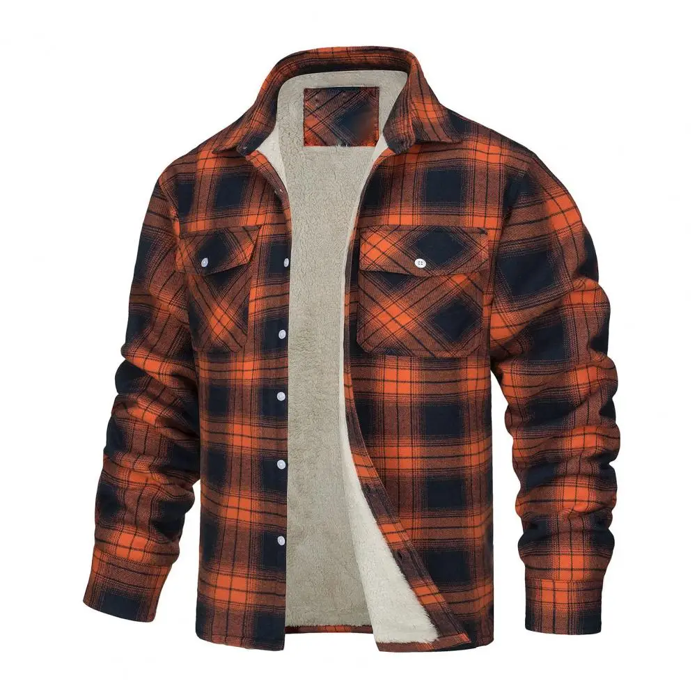 Plush Plaid Print Lapel Men Jacket Hoodies Thicken Jackets Long Sleeve Sweatshirts Casual Fleece Single-breasted Loose Jacket sweatshirts fall is my second favorite f word plaid pumpkin sunflower sweatshirt in orange size l s