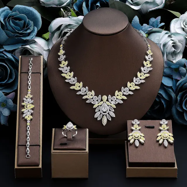 2024 Golden Leaves 4-piece Necklace Set for Women CZ Zirconia Dubai Nigeria Bridal Wedding Jewelry Set Gift Accessories