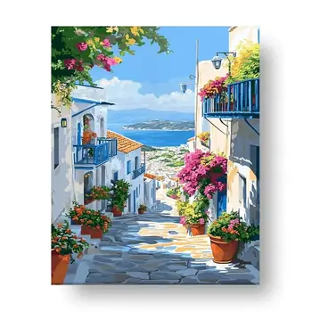 CHENISTORY Kit Pittura con Numeri Fai da Te, Paesaggio Costiero, Disegno su Tela, Quadro Dipinto a Mano, Regalo per la Casa