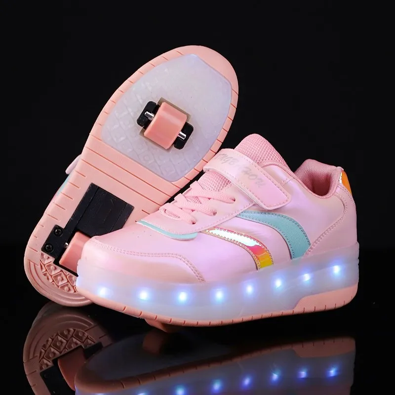Kids Roller Skate Shoes Fashion Casual Sneaker Outdoor Sports Boys Girls 2 Wheels Charging Footwear Children Toys Gift LED Light