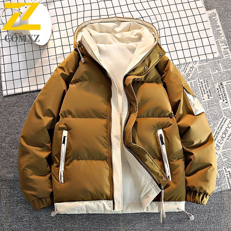COMXZ 2025 New Men's Fake Two-Piece Cotton Jacket Winter Warm Thickened Hooded Windproof Casual outdoor sports tactics Outerwear
