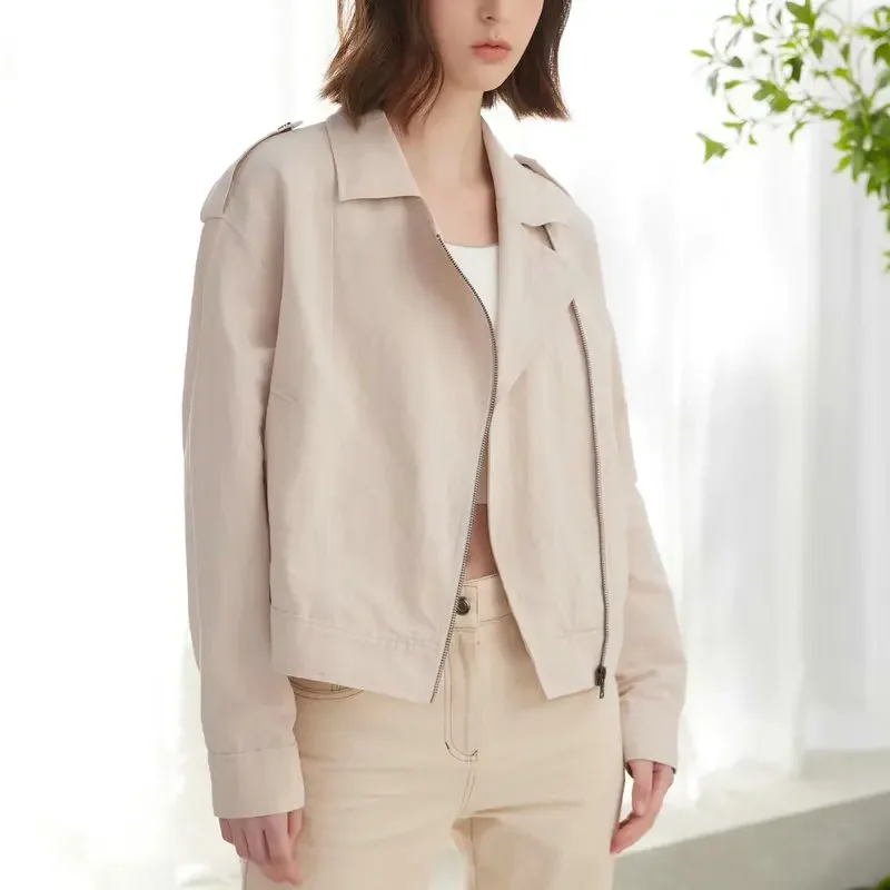 

Women 2024 Spring Summer New Cotton and Linen Blended Diagonal Zipper Short Jacket Casual Top