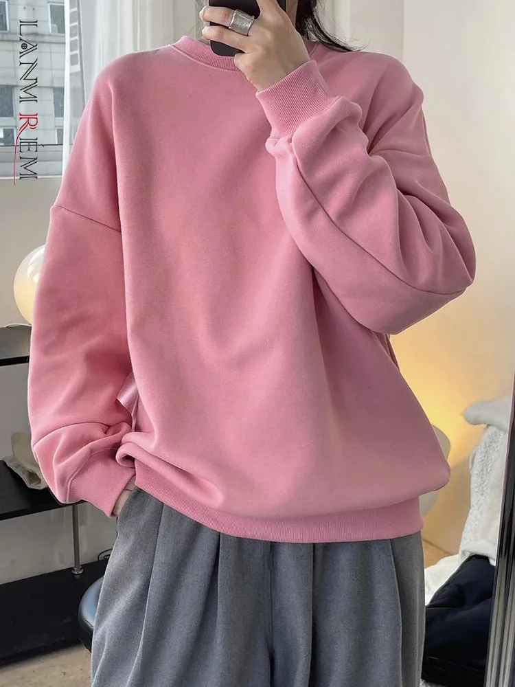 

[LANMREM] Casual Loose Minimalism Pullover Sweatshirt For Women Solid Round Neck Thick Warm Tops 2024 Spring New 26D7706