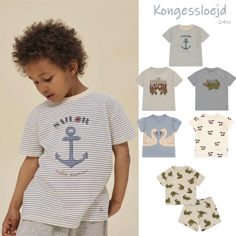 

Spring/Summer New Children's Striped Cherry Baby Girl Boys Short Sleeve KS Animal Print T-Shirt Short Pant Alligator Home Set