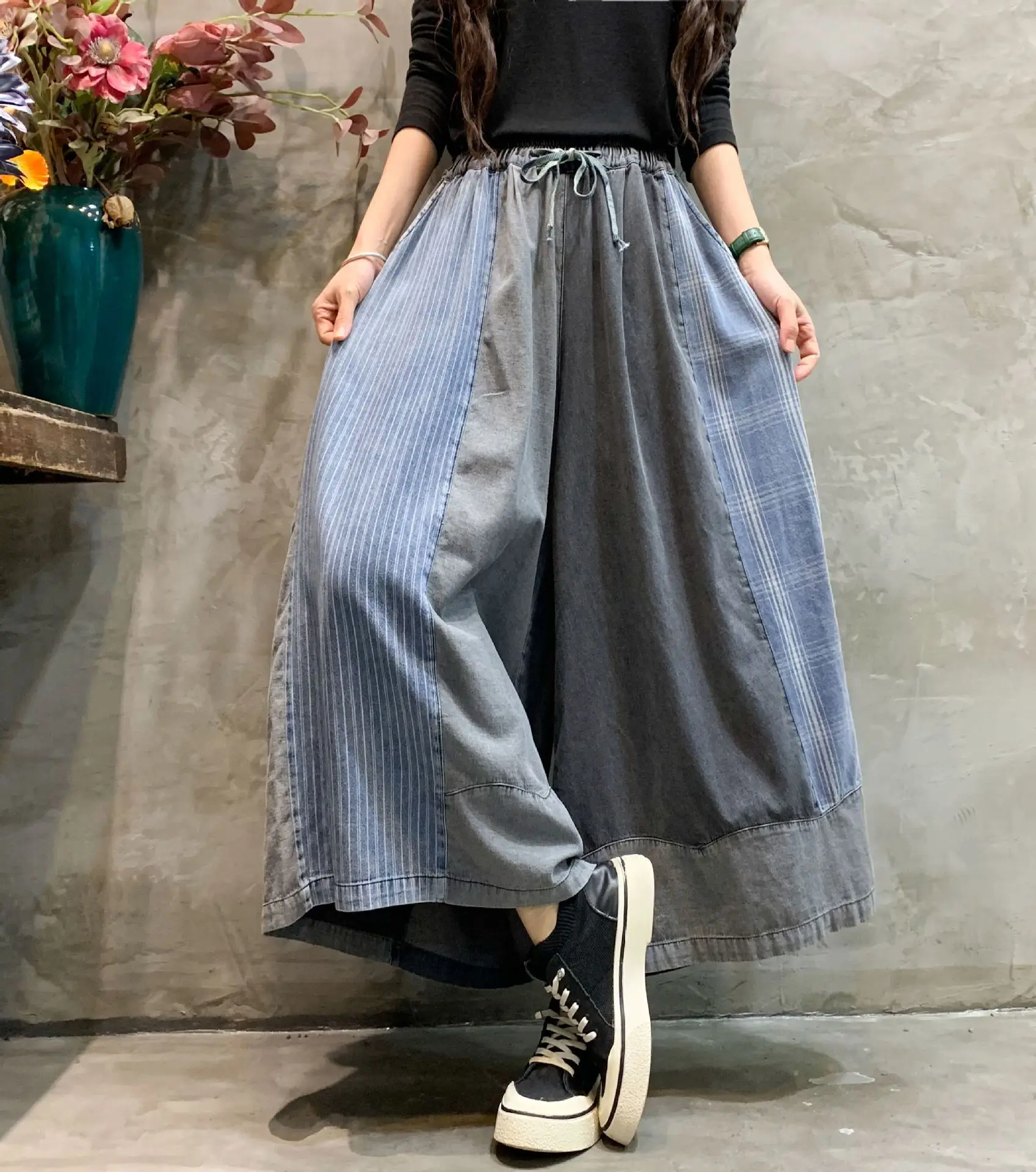[EWQ] Patchwork Drawstring Jeans Pants For Women Streetwear High Waist Contrast Wide Leg Trousers Spring 2024 Autumn New Y6664