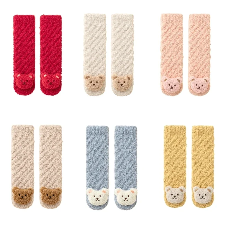 

Kids Winter Warm Socks Over the Knee Socks for Baby Toddler Age 0-3Year Old Cartoon Bear Soft Coral Fleece Stockings