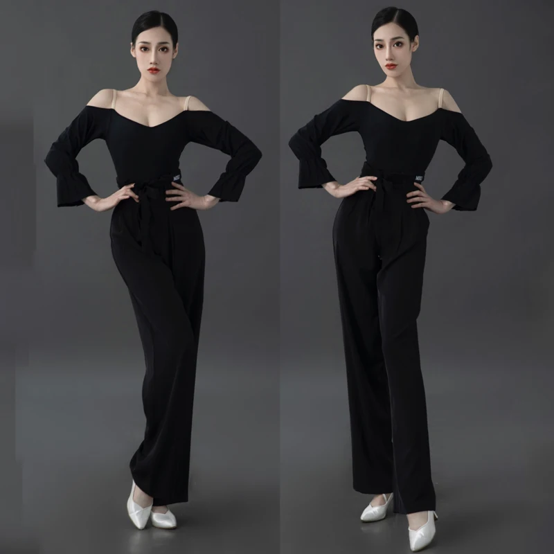 

Пикантные топы для латиноамериканских танцев с открытыми плечами, костюм с брюками для современных танцев, Чача Румба, платье для танго, Бальные брюки для латиноамериканских танцев DN14199