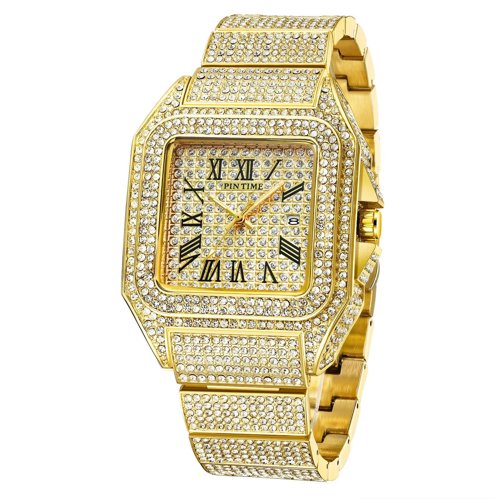 Pintime 2022 New Fashion Men Big Dial Watch Full Diamond Iced Out Quartz Wristwatch Blinged
