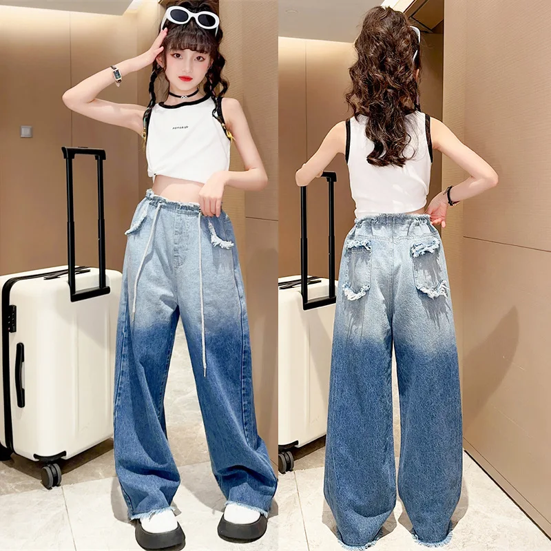 

Teen Girls High Waist Dyed Gradient Wide Leg Pants Spring Autumn Versatile Letter Tank Top Kids Girl Straight Leg Jeans 4-15Year