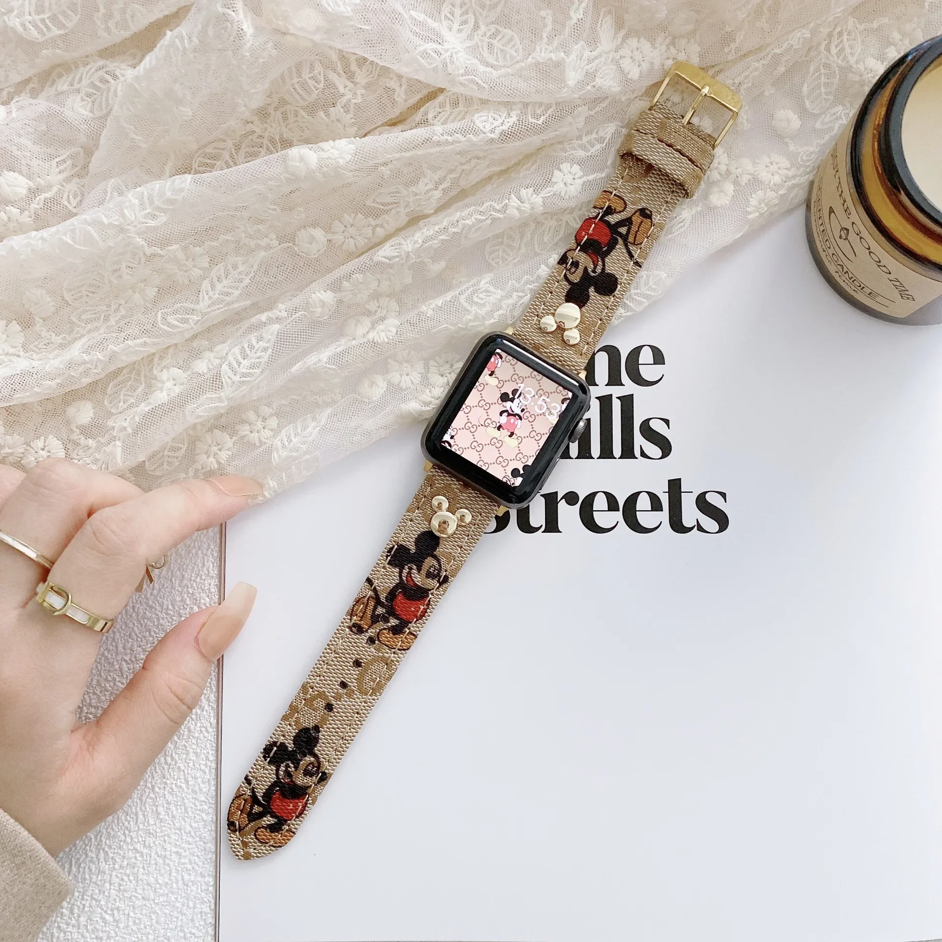 thumbnail image 1 of Disney Mickey Strap For Apple Watch 44 40 38 42 Mm Watchband Bracelet Textured Canvas Leather Strap Iwatch Series 6 Se 543, 1 of 5
