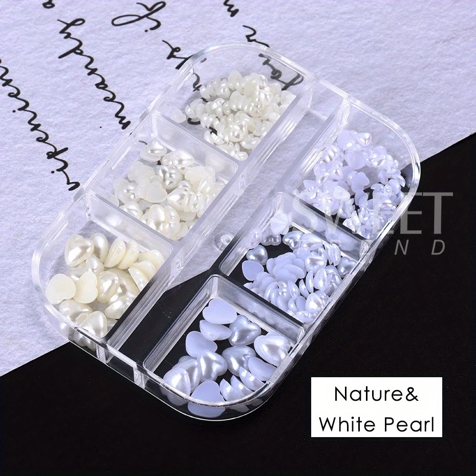 6 Grids Peach Heart Pearl Nail Charms Jewelry Natural White Flatback Beads Craft Decor Summer Elegant Wedding Accessory Ornament