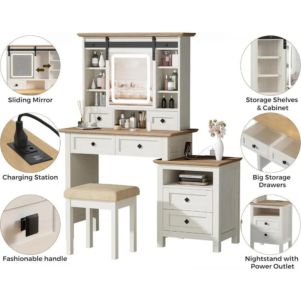 Farmhouse Makeup Vanity Desk with Sliding Mirror and Lights Antique White Makeup Vanity Table Set with Charging Station 6Drawers 6