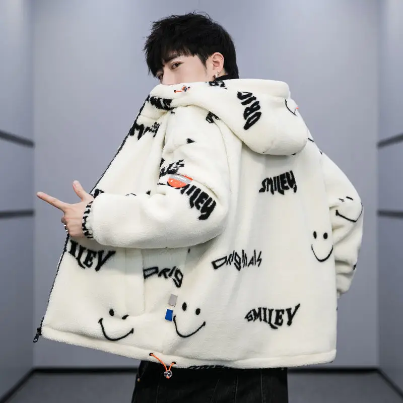 

Jackets for Men Winter Cashmere Chic Printing Hooded Korean Fashion Street Outerwear Casual New Warm Fleece Coat Male Streetwear