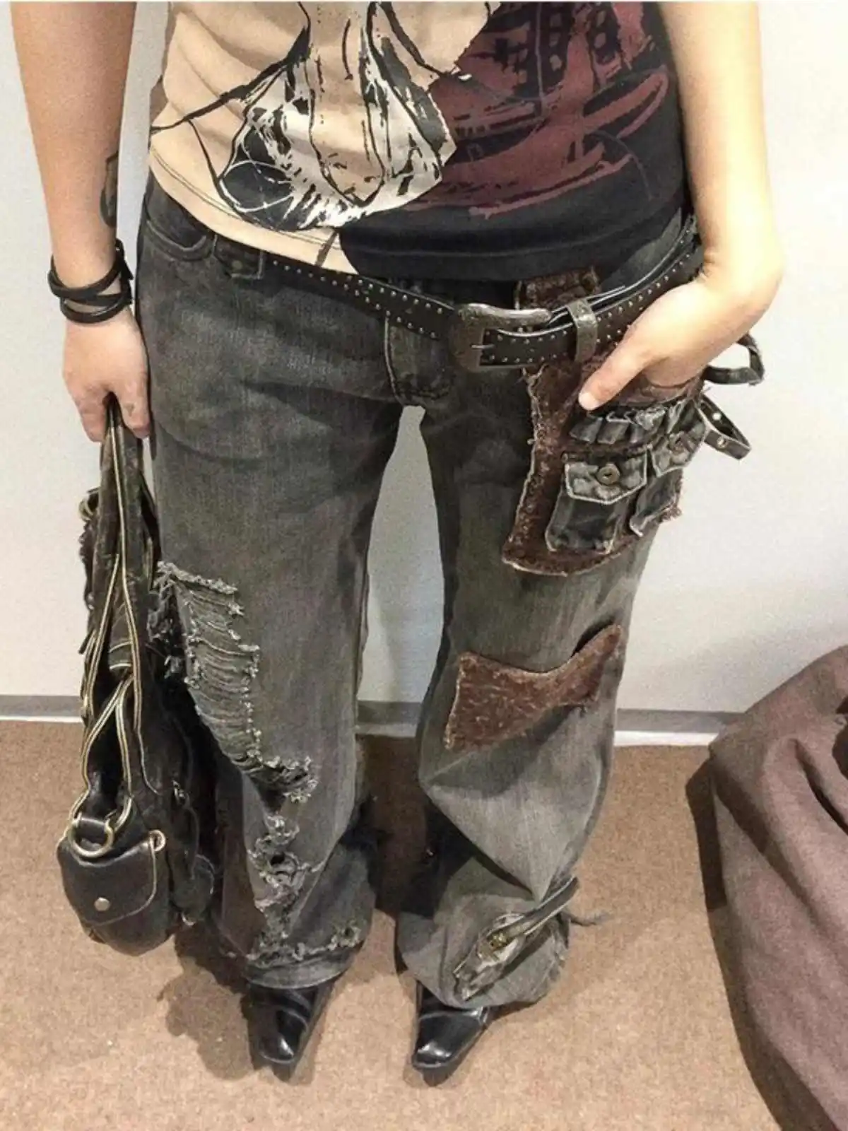 Women Goblin Core Flare Cargo Jeans Grunge Japanese Abi Low Rise Gyaru Y2K Denim Pants 2000s Aesthetic Bell-Bottom Punk Goth New 3