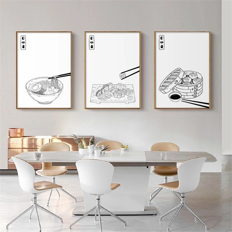 

Black and White Food Poster and Print Japanese Noodles Canvas Painting Wall Art Picture for Living Room restaurant Decor