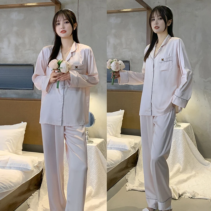 

Ice Silk Women's Pajamas Suit Senior Solid Color Loose Casual Home Clothes Sexy Lapel Long-Sleeved Trousers 2Pcs Sleepwear