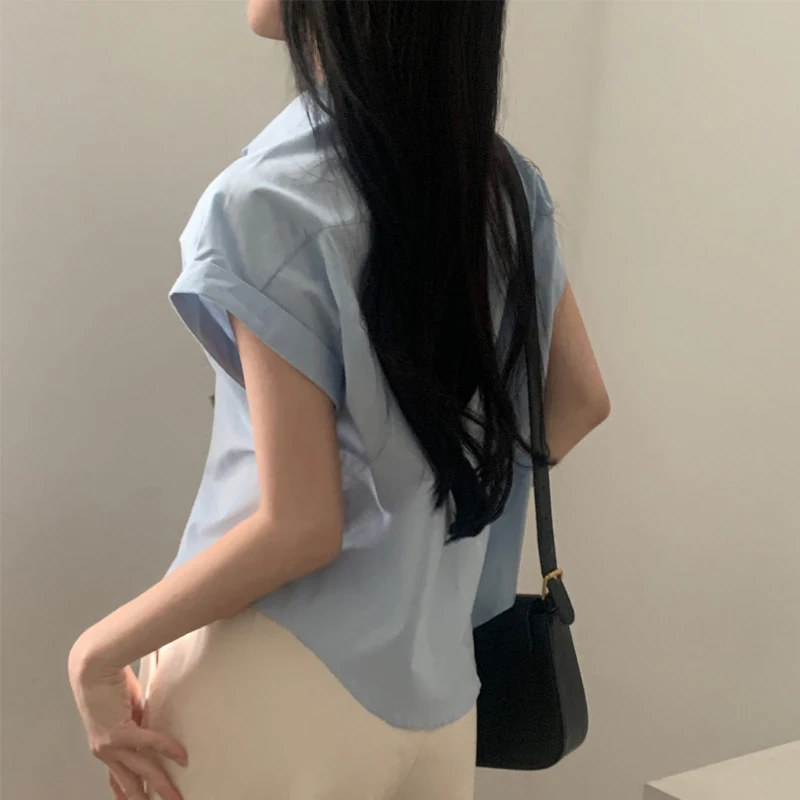 Women's Fashion Summer Turn Down Collar Roll-Sleeved Shirt Short Sleeve Blouse Blue Tops Casual Clothes 8508