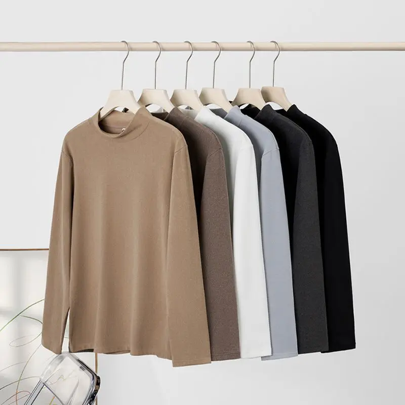 Men's Mid-Ne Double-Faced Fce Long Sve Base irt f-High Collar Warm Winter T-irt Inner And Outer Wear Stand Fit